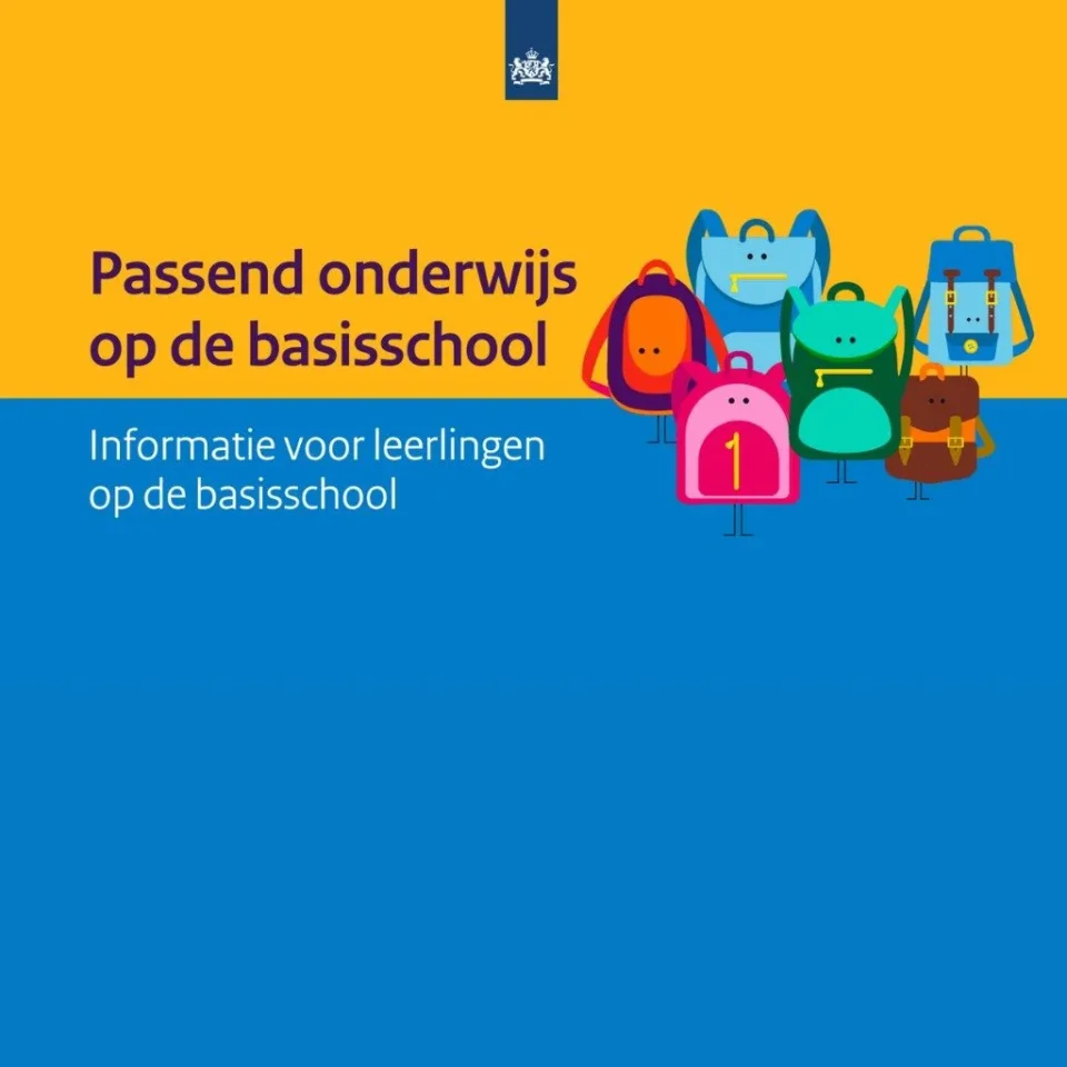 Voorkant van een brochure over Passend onderwijs speciaal voor kinderen. Tekst op geel en blauwe achtergrond